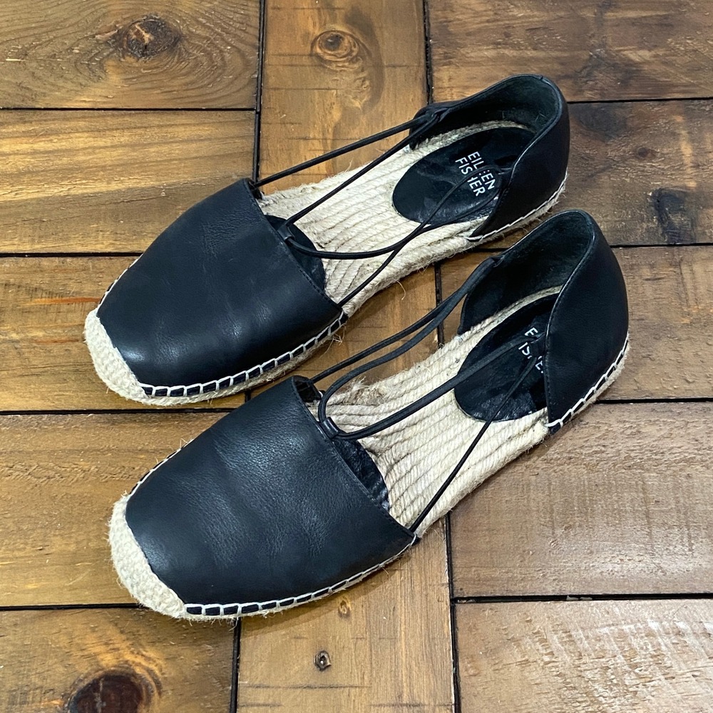 Eileen Fisher Womens Black Leather Espadrille Flats dOrsay Strappy Shoes 7.5